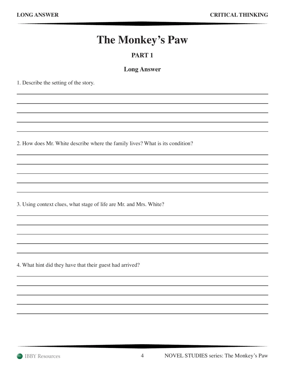 Part 1 long-answer questions about the setting, the family's home, the Whites' ages, and their guest's arrival