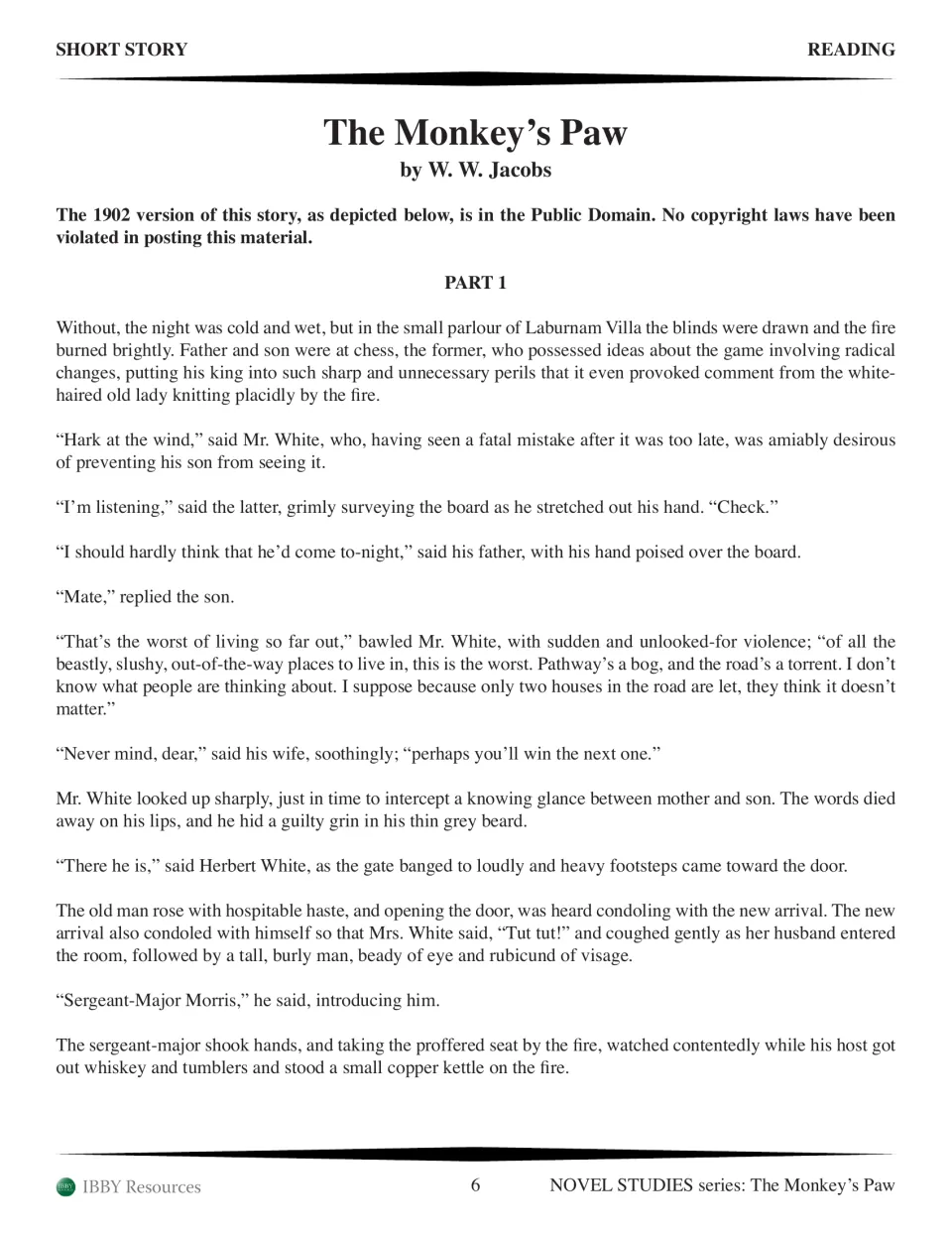 Part 1 opening story passage: the Whites play chess on a cold, wet night before Sergeant-Major Morris arrives