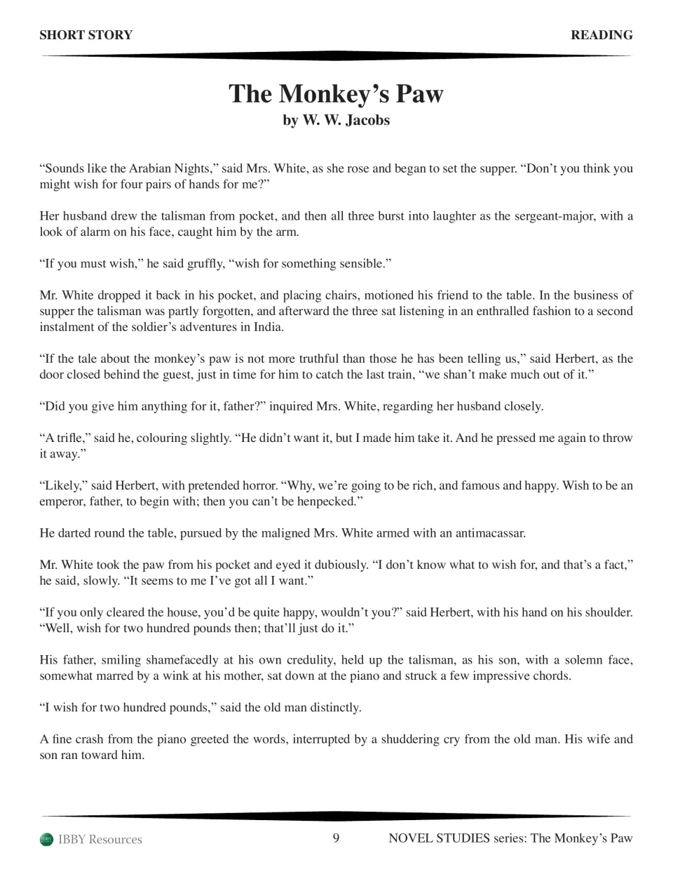 Part 1 story continuation: Herbert suggests paying off the house, and Mr. White wishes for two hundred pounds