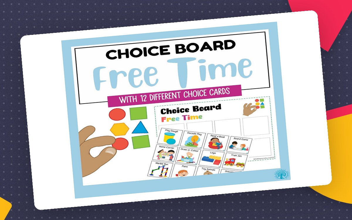 Free Time Choice Board first image with twelve illustrated choice cards and geometric shapes