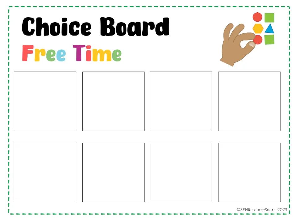 Choice Board, Free Time heading: eight empty spaces for attaching the activity picture cards students choose from