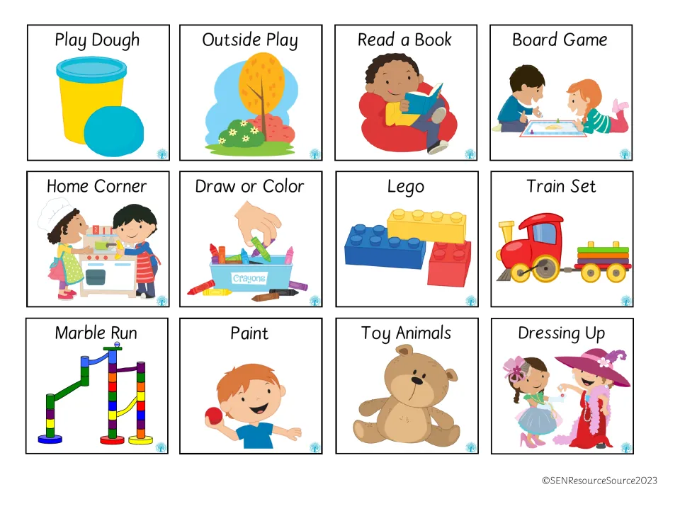 12 free-time picture cards: play dough, outside play, reading, board game, Lego, train set, paint, dressing up and more