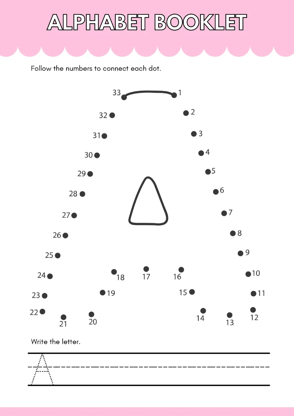 Letter A dot-to-dot: students connect dots 1 to 33 to form capital A, then trace a dotted A on the writing line