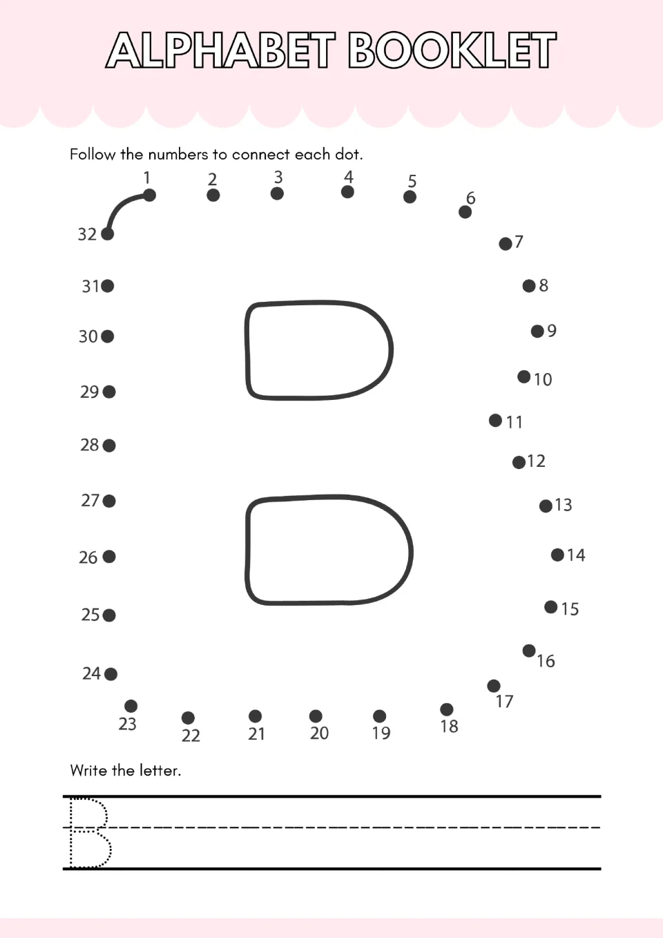 Letter B dot-to-dot: students join dots 1 to 32 to build capital B, then trace a dotted B on the handwriting line