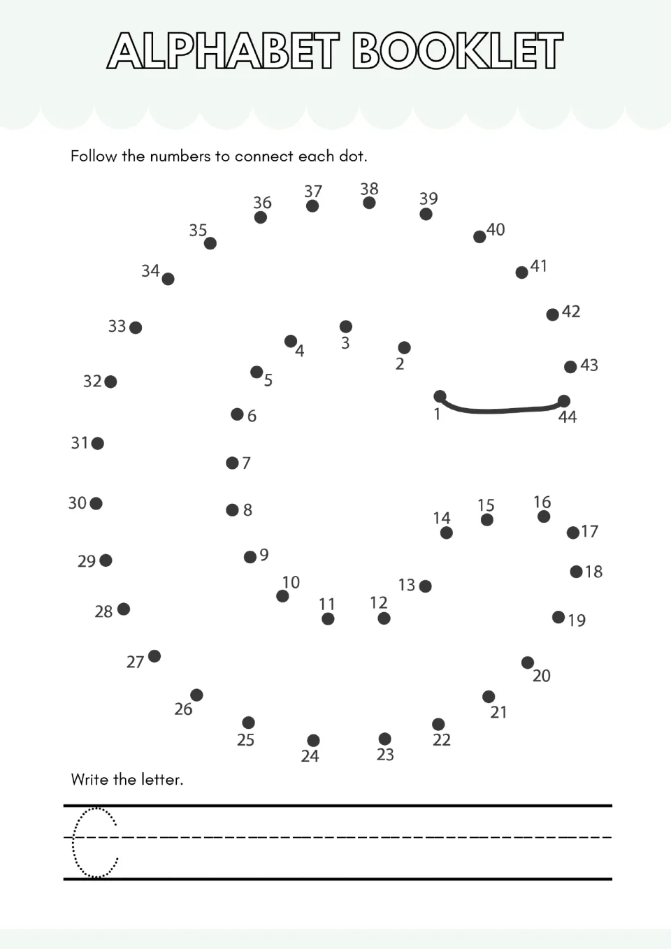 Letter C dot-to-dot: students connect 44 numbered dots to shape a bubble C, then trace a dotted C to write the letter