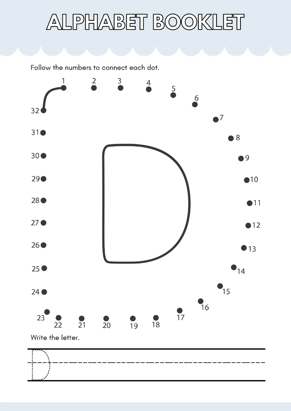 Letter D dot-to-dot: students follow numbers 1 to 32 around a capital D, then trace the dotted D on the writing line
