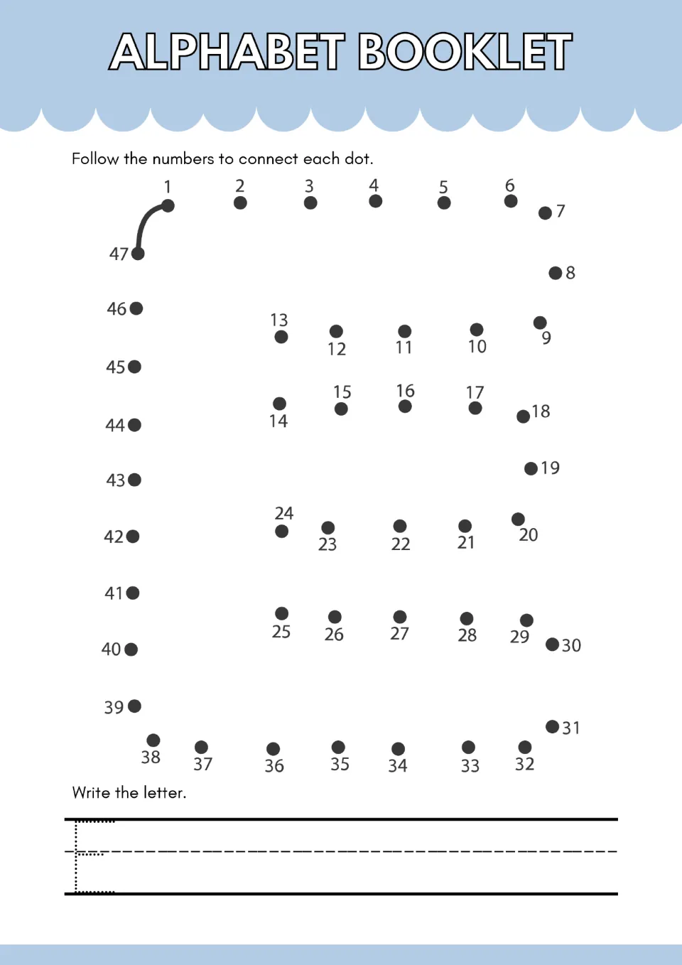 Letter E dot-to-dot: students connect dots 1 to 47 to outline capital E, then trace a dotted E for handwriting practice