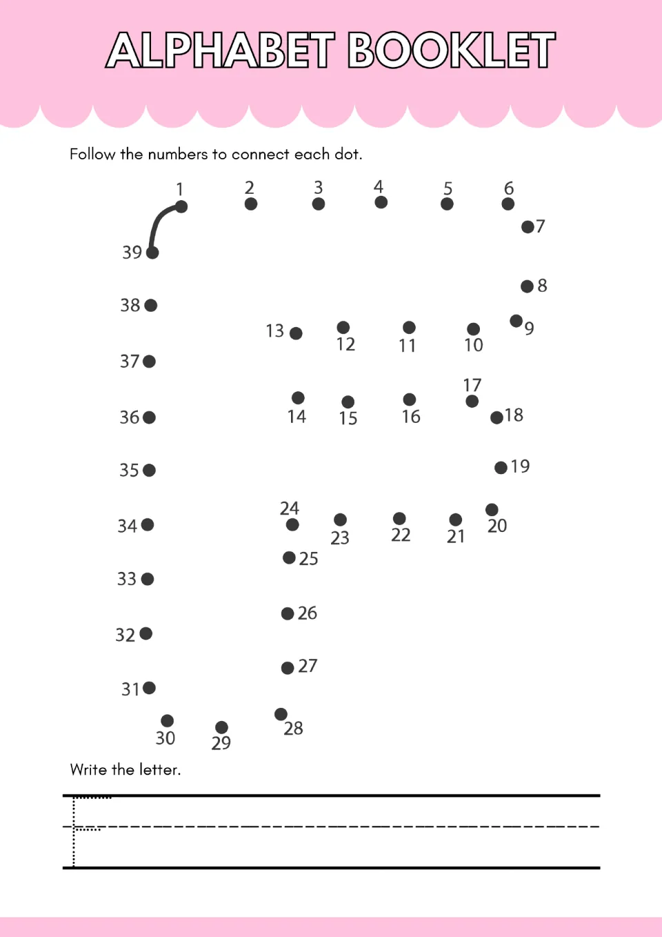 Letter F dot-to-dot: number order 1 to 39 outlines capital F; students then trace a dotted F on the writing line