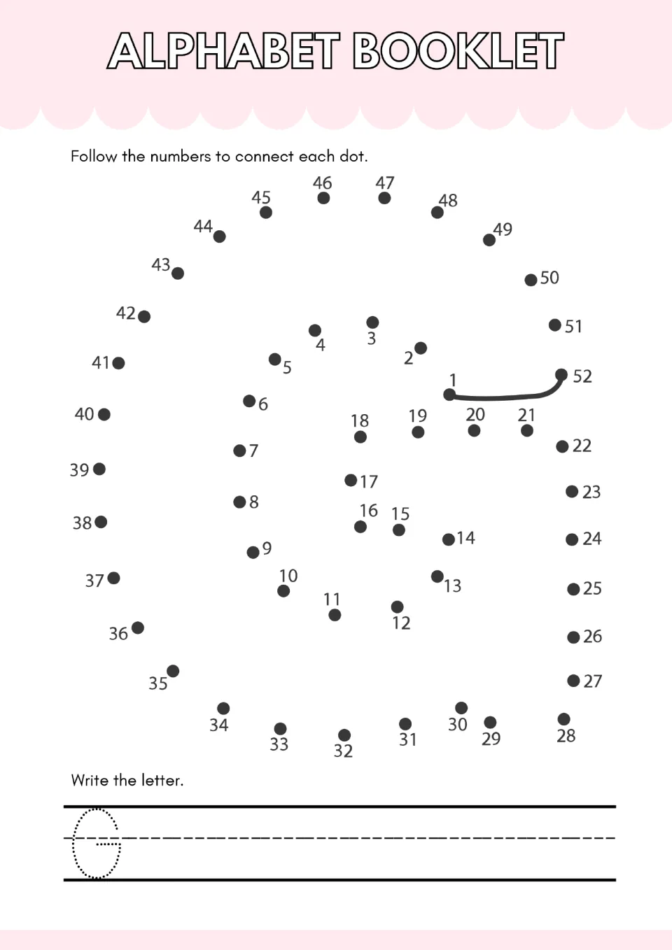 Letter G dot-to-dot: students connect 52 numbered dots to shape capital G, then trace a dotted G on the line below