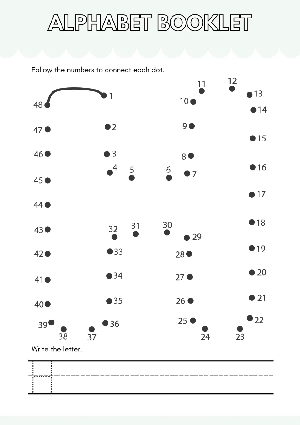 Letter H dot-to-dot: students join dots 1 to 48 to outline capital H, then trace a dotted H to practice writing it