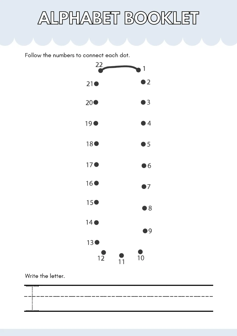 Letter I dot-to-dot: students connect dots 1 to 22 to form a tall capital I, then trace a dotted I on the writing line