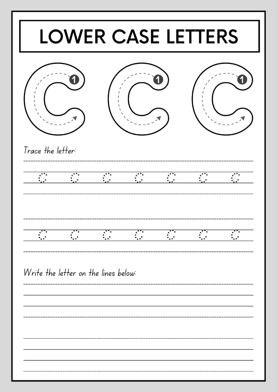 Lowercase c in one stroke: learners curve around from the numbered start dot, then trace dotted c's and write the letter