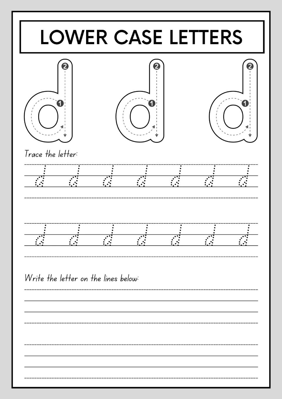 Letter d handwriting: kids circle first, then pull the tall stroke down, trace 14 dotted d's and practise on empty lines