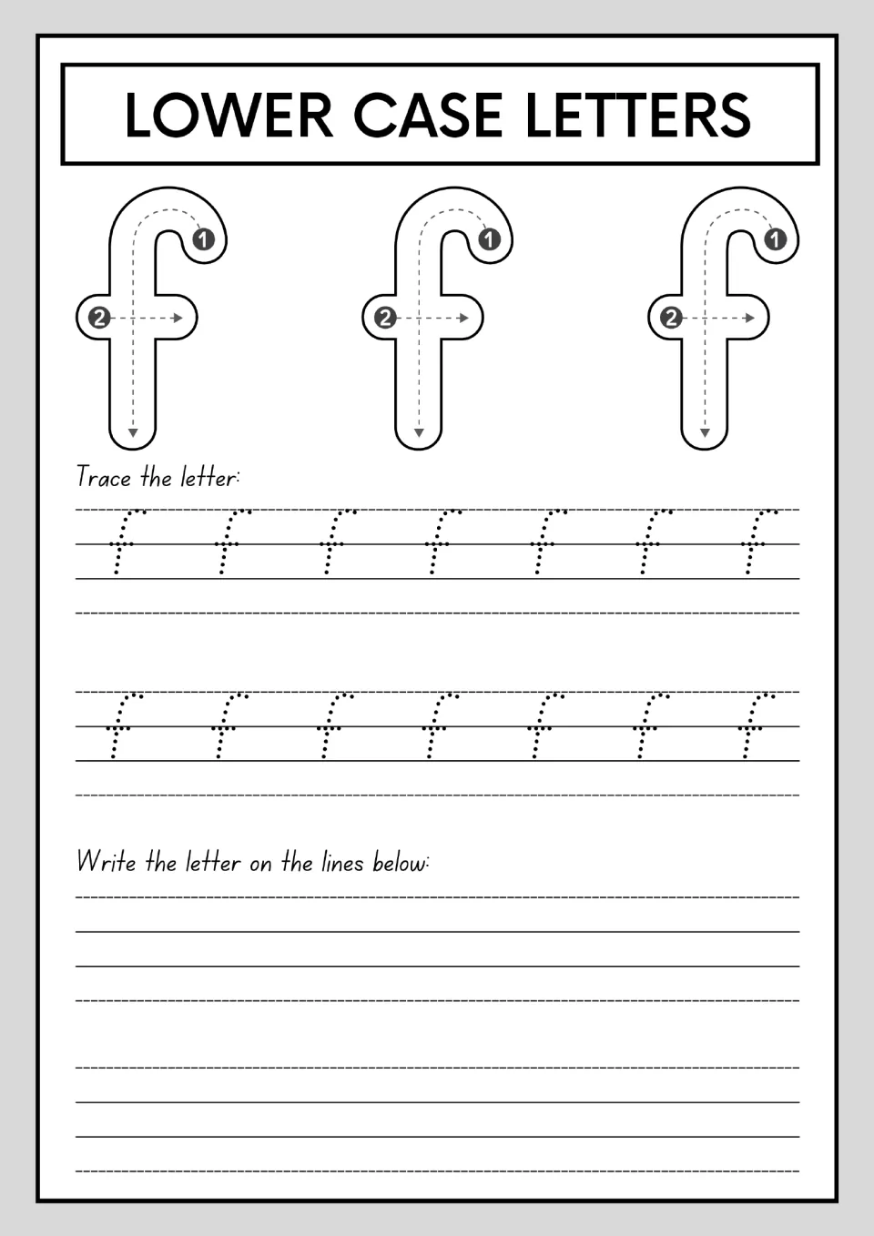 Letter f formation: hook over and down, then cross the bar, as shown on three guides; students trace 14 dotted f's and copy