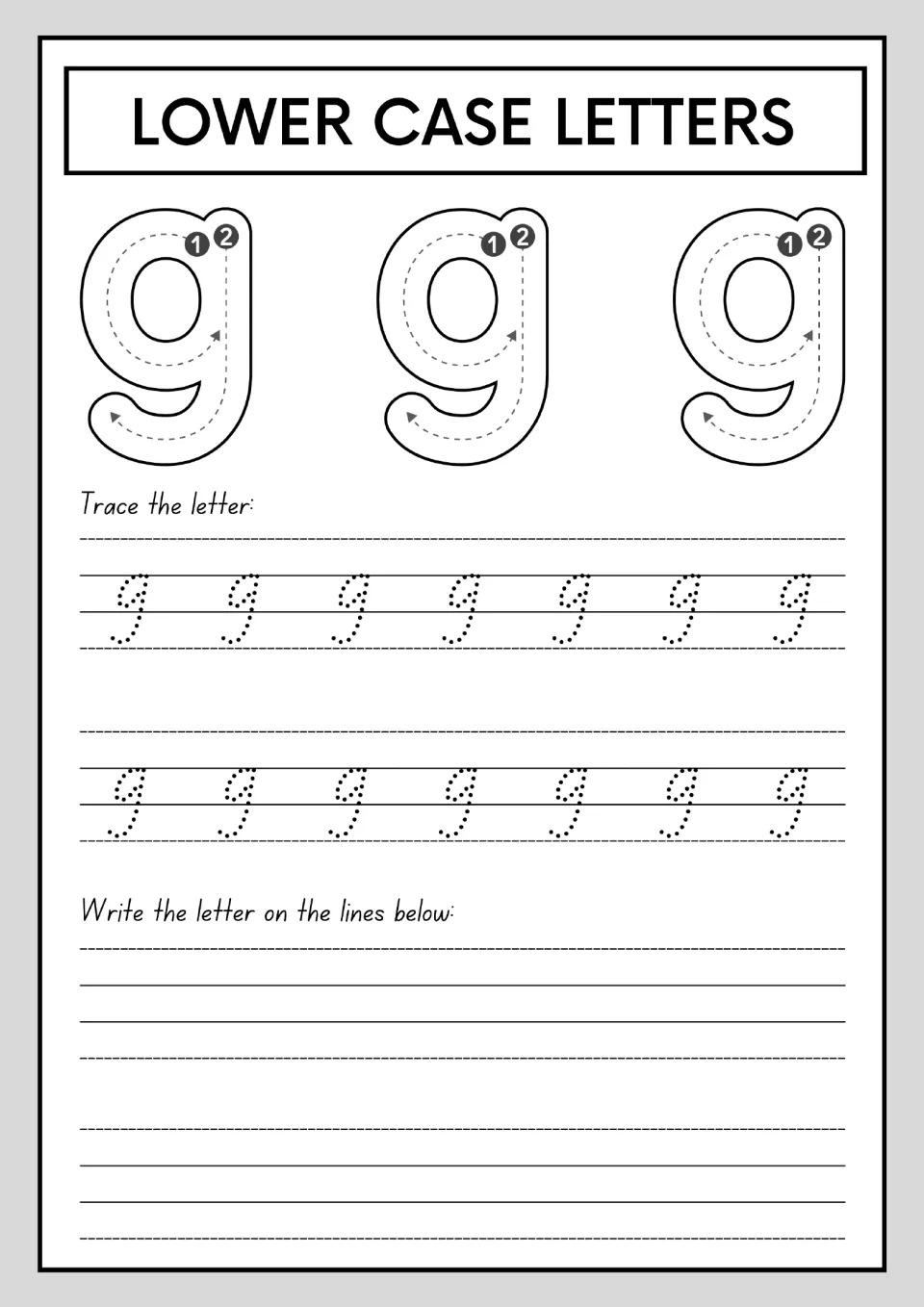 Lowercase g with a descender: children loop the circle, drop the tail below the line, then trace and write dotted g's