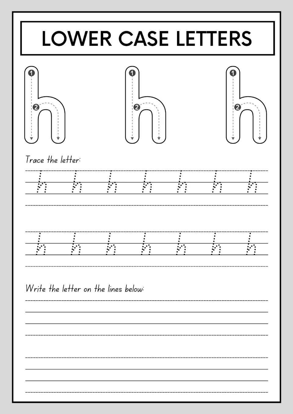 Letter h strokes: tall line down, then back up for the hump; learners trace two dotted rows of h and fill the blank lines