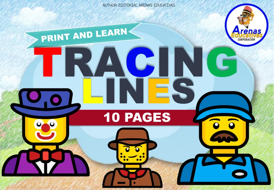 Cover of the LEGO-themed tracing minibook, labeled 'Print and Learn', 'Tracing Lines', and '10 Pages'