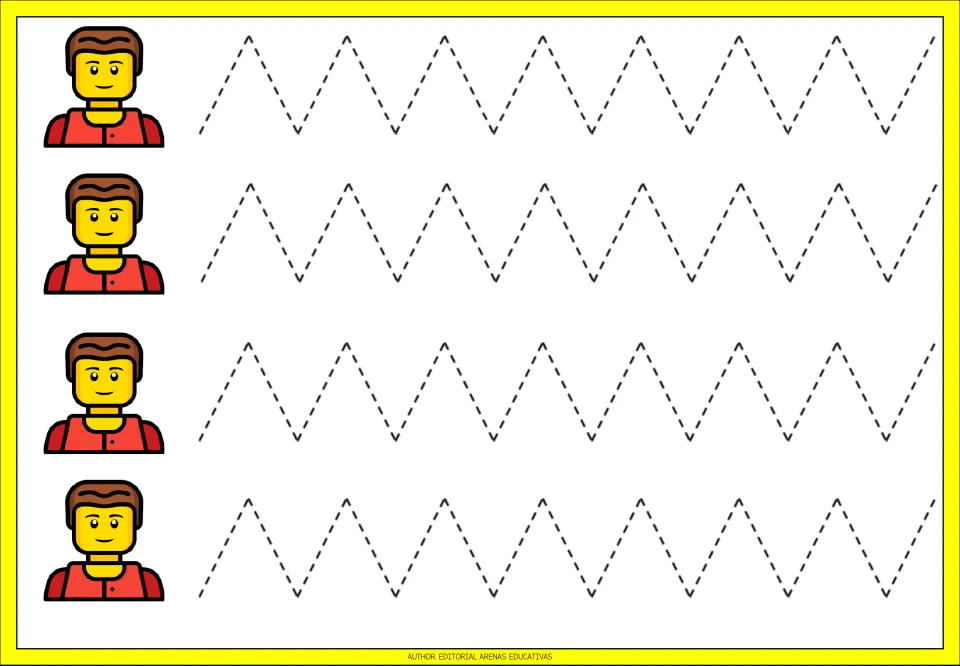 Tracing practice sheet 1: four dashed zigzag paths with evenly sized peaks for repeated diagonal strokes