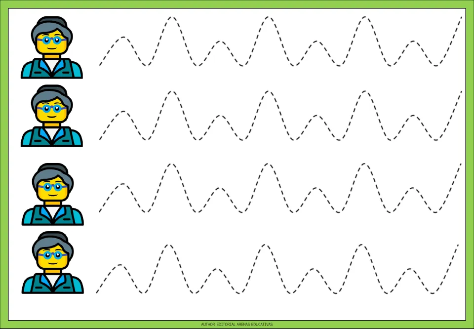Tracing practice sheet 3: four dashed wave paths alternating small and large humps for curved strokes