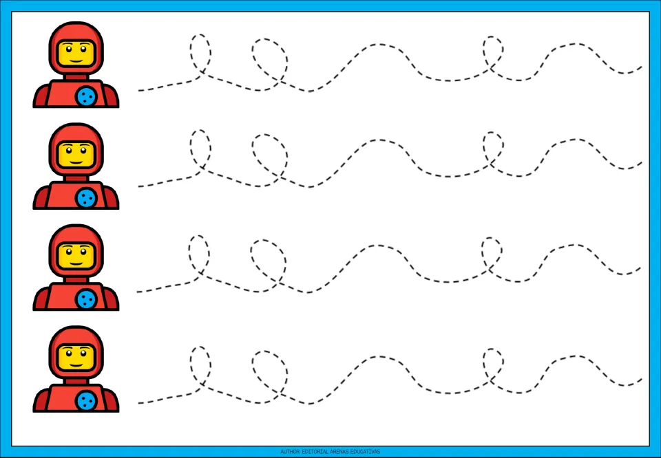 Tracing practice sheet 4: four dashed paths combining upright loops and broad waves for stroke practice