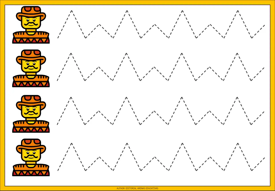 Tracing practice sheet 5: four dashed zigzag paths alternating tall and short peaks for diagonal strokes