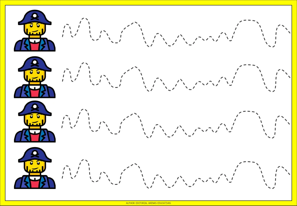 Tracing practice sheet 6: four dashed winding paths combining narrow bumps, broad humps, and deep dips