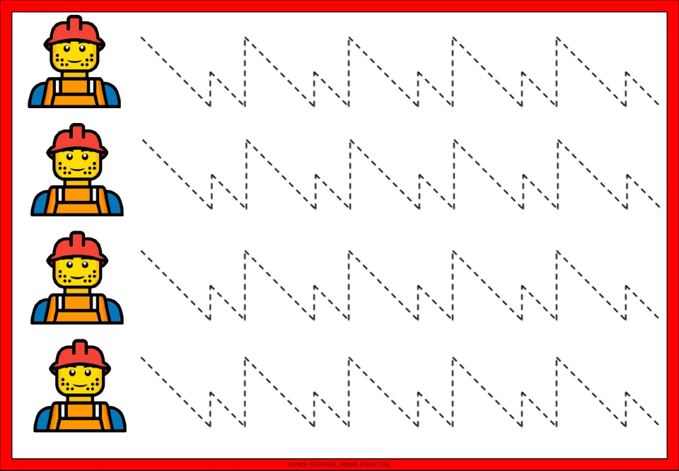 Tracing practice sheet 7: four dashed paths combining downward diagonals with short and tall upward strokes