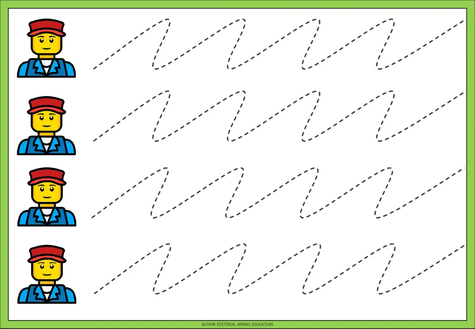 Tracing practice sheet 8: four dashed paths repeating long upward diagonals and short downward curves