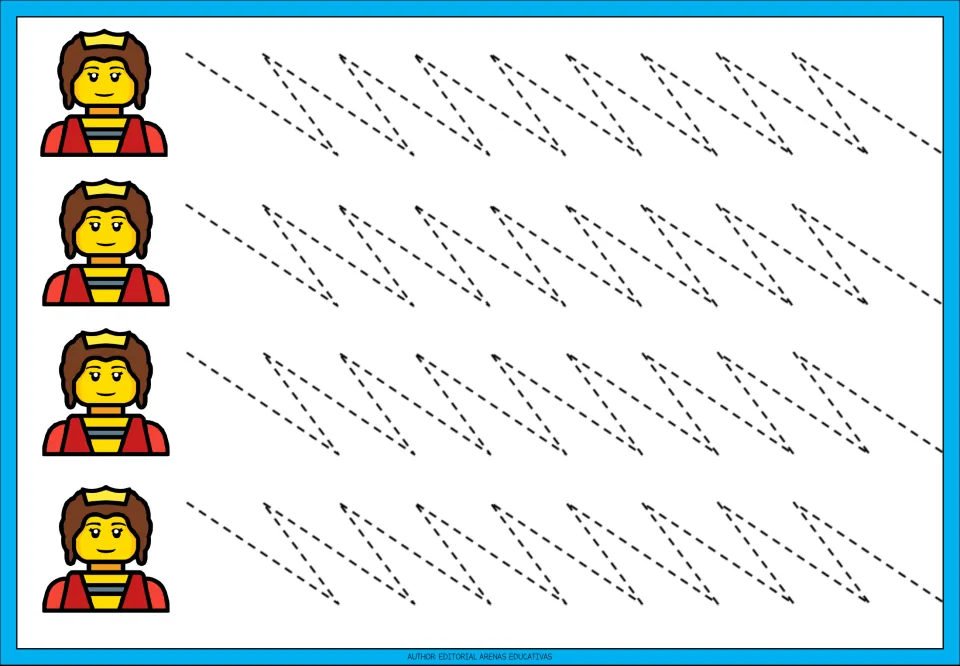 Tracing practice sheet 9: four dashed paths repeating long downward diagonals and sharp upward returns