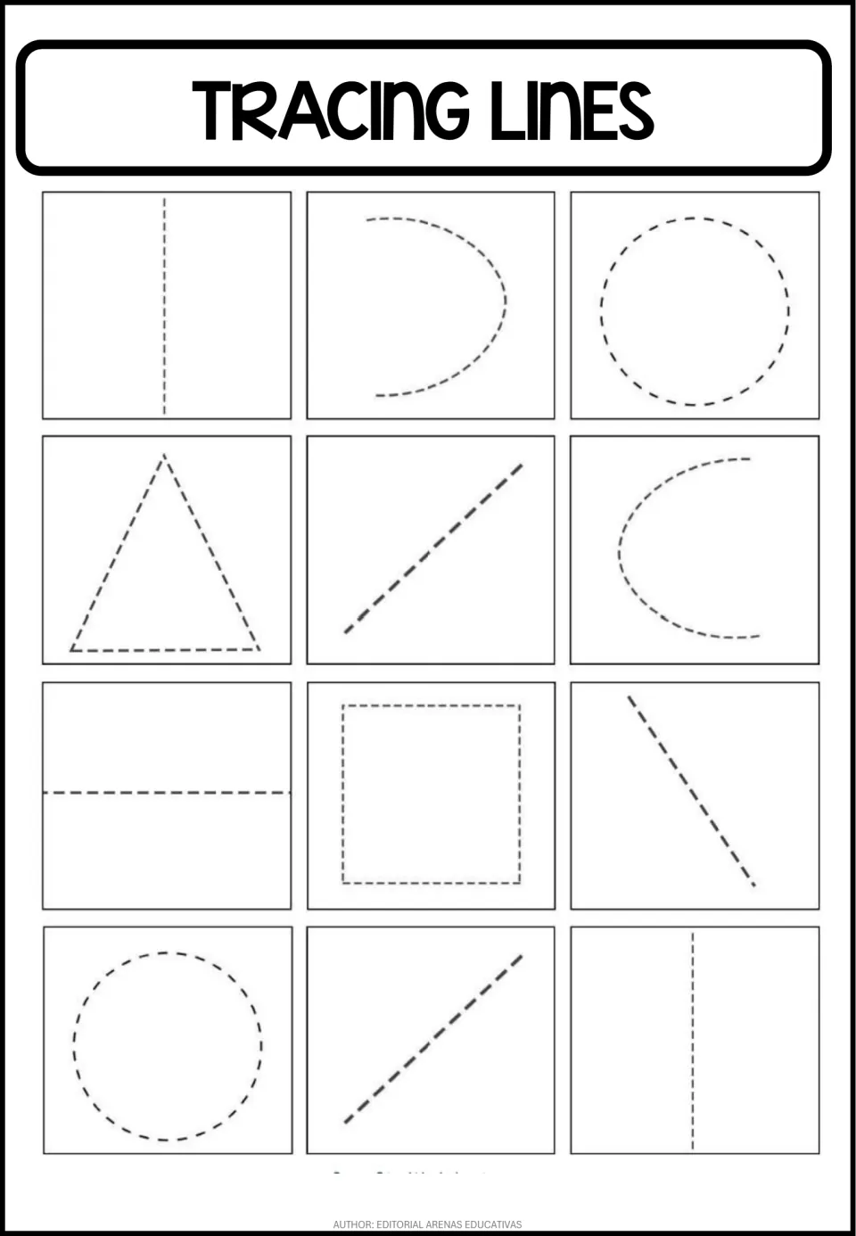 Mixed tracing practice sheet featuring 12 items: straight strokes, curved strokes, circles, a triangle, and a square