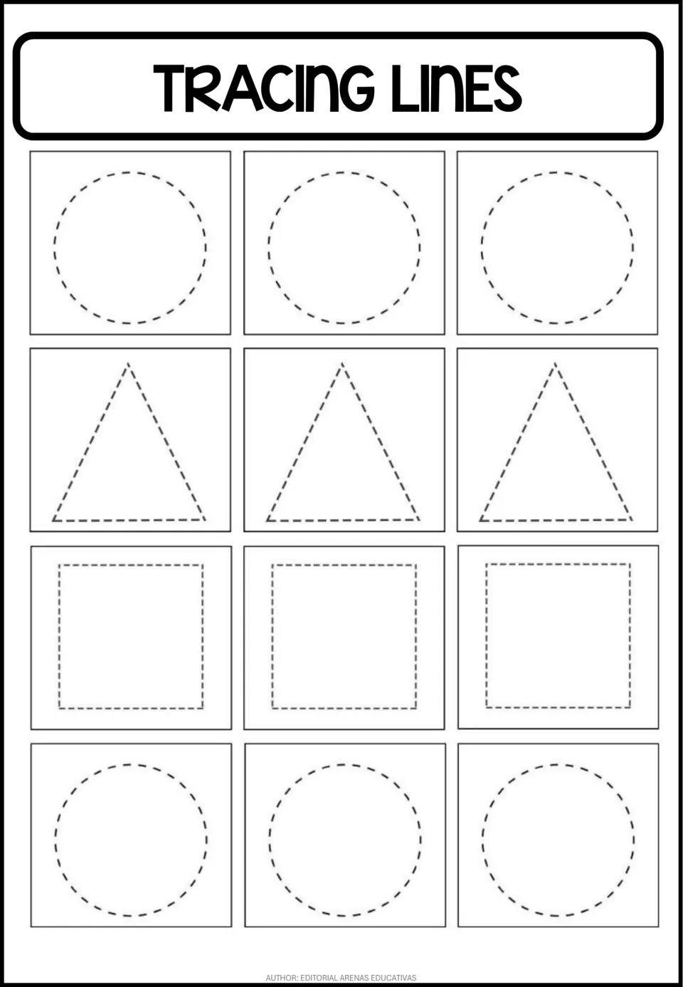 Shape tracing practice sheet featuring 12 shapes: three circles, three triangles, three squares, and three ovals