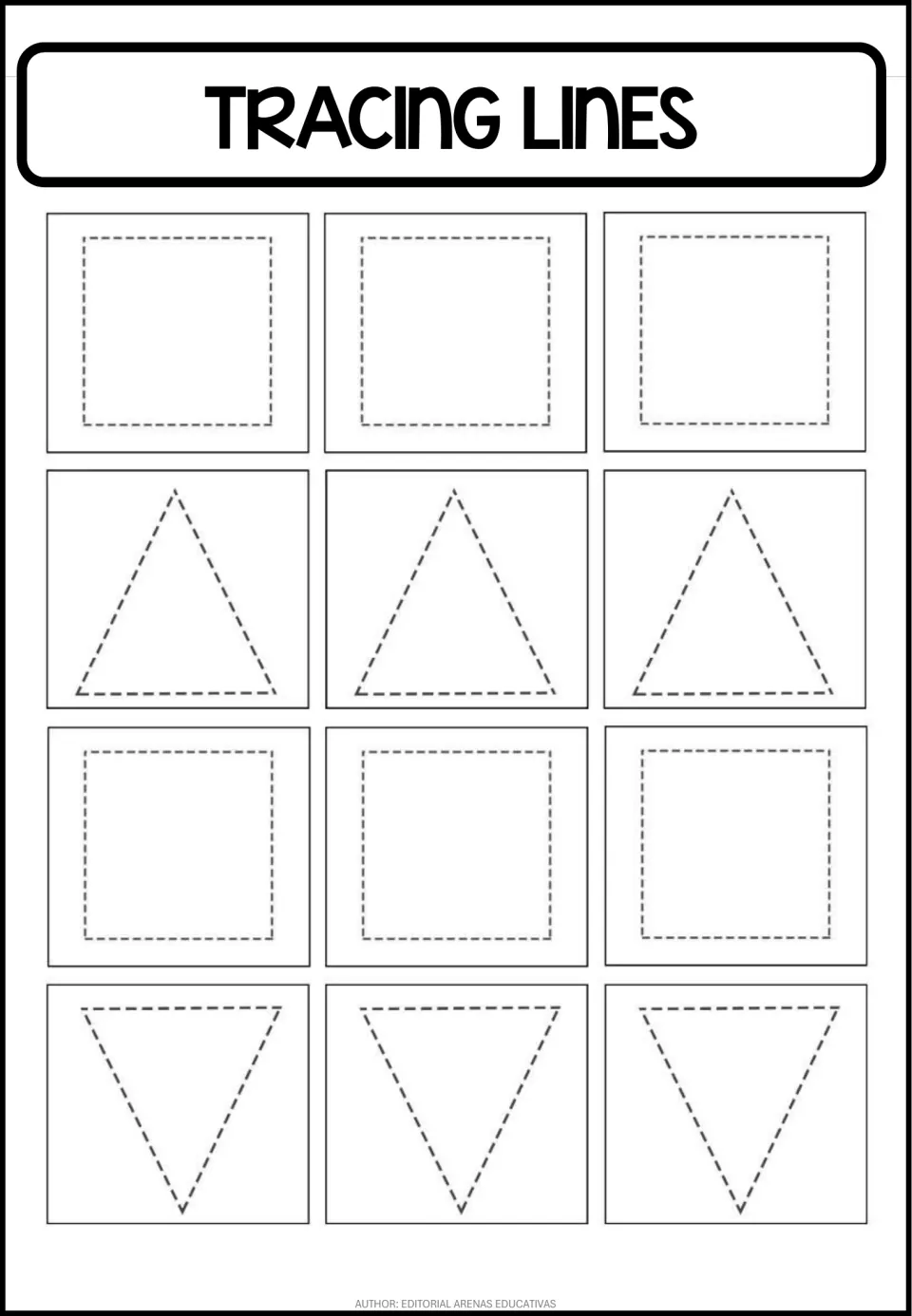 Shape tracing practice sheet featuring six squares, three upright triangles, and three upside-down triangles