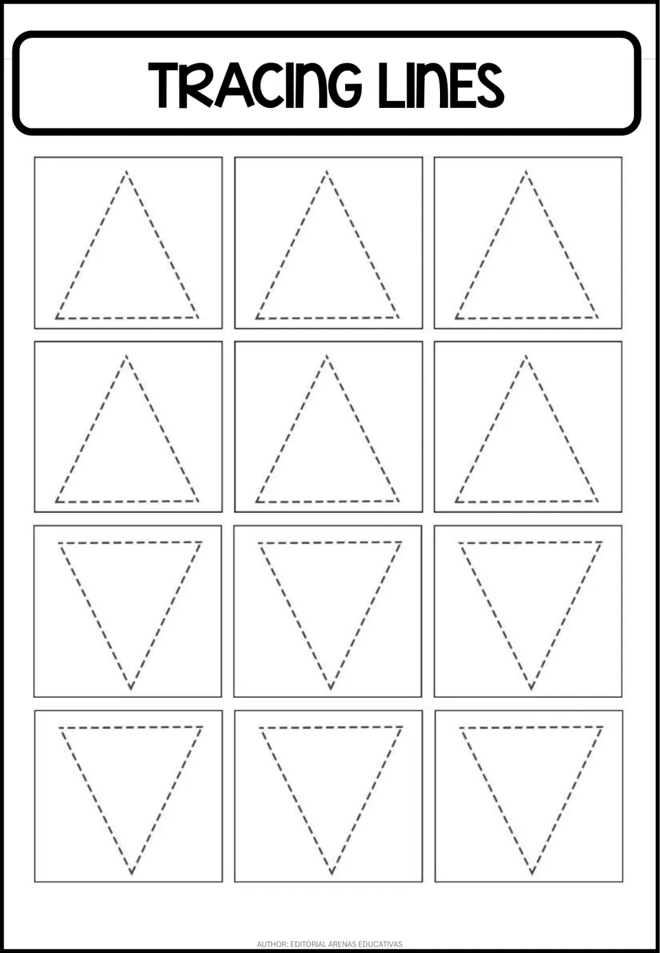 Triangle tracing practice sheet featuring 12 triangles: six pointing upward and six pointing downward