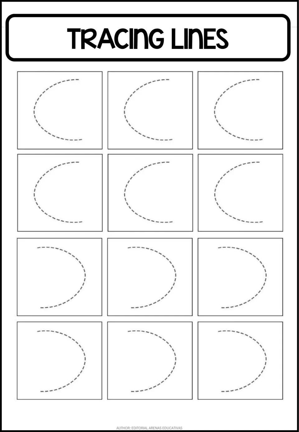 Curved stroke tracing practice sheet featuring 12 sideways curves: six opening right and six opening left