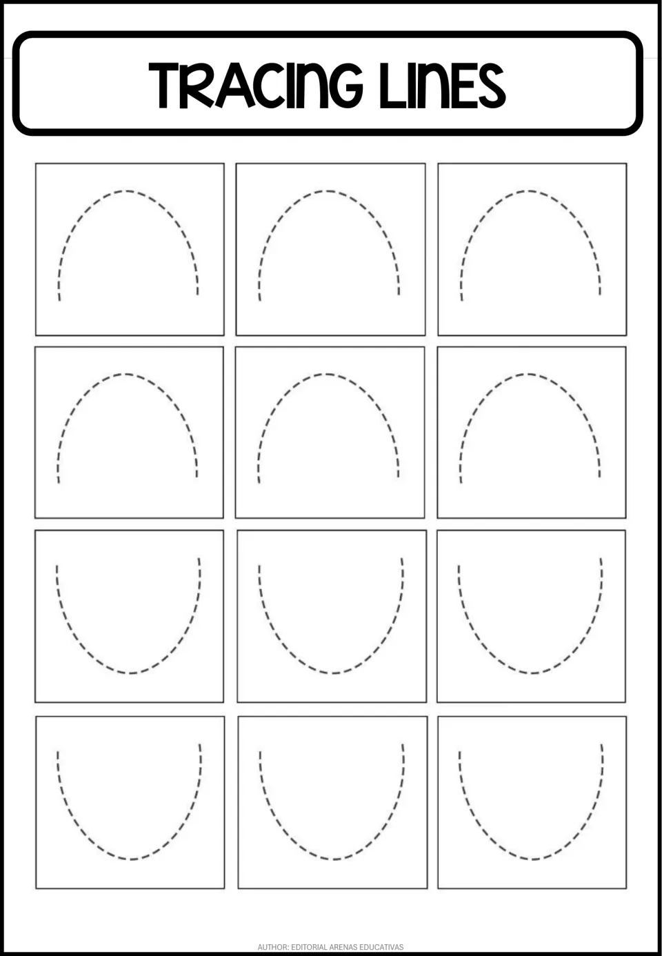 Curved stroke tracing practice sheet featuring 12 curves: six downward-opening arches and six upward-opening cups