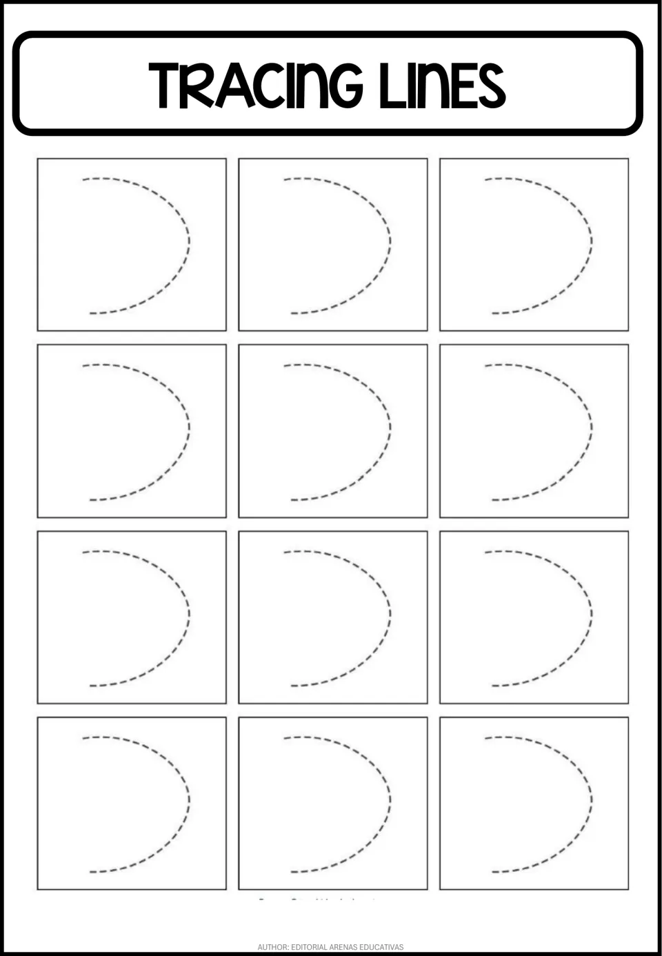 Curved stroke tracing practice sheet featuring 12 repeated sideways curves, each opening toward the left