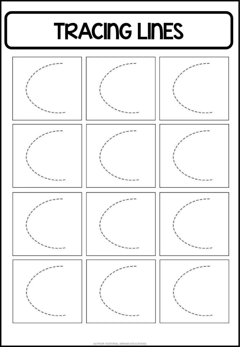 Curved stroke tracing practice sheet featuring 12 repeated C-shaped curves, each opening toward the right