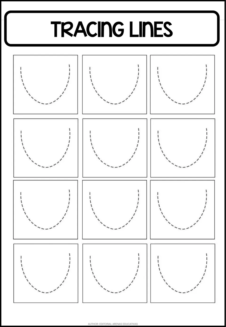 Curved stroke tracing practice sheet featuring 12 repeated U-shaped curves, each opening at the top