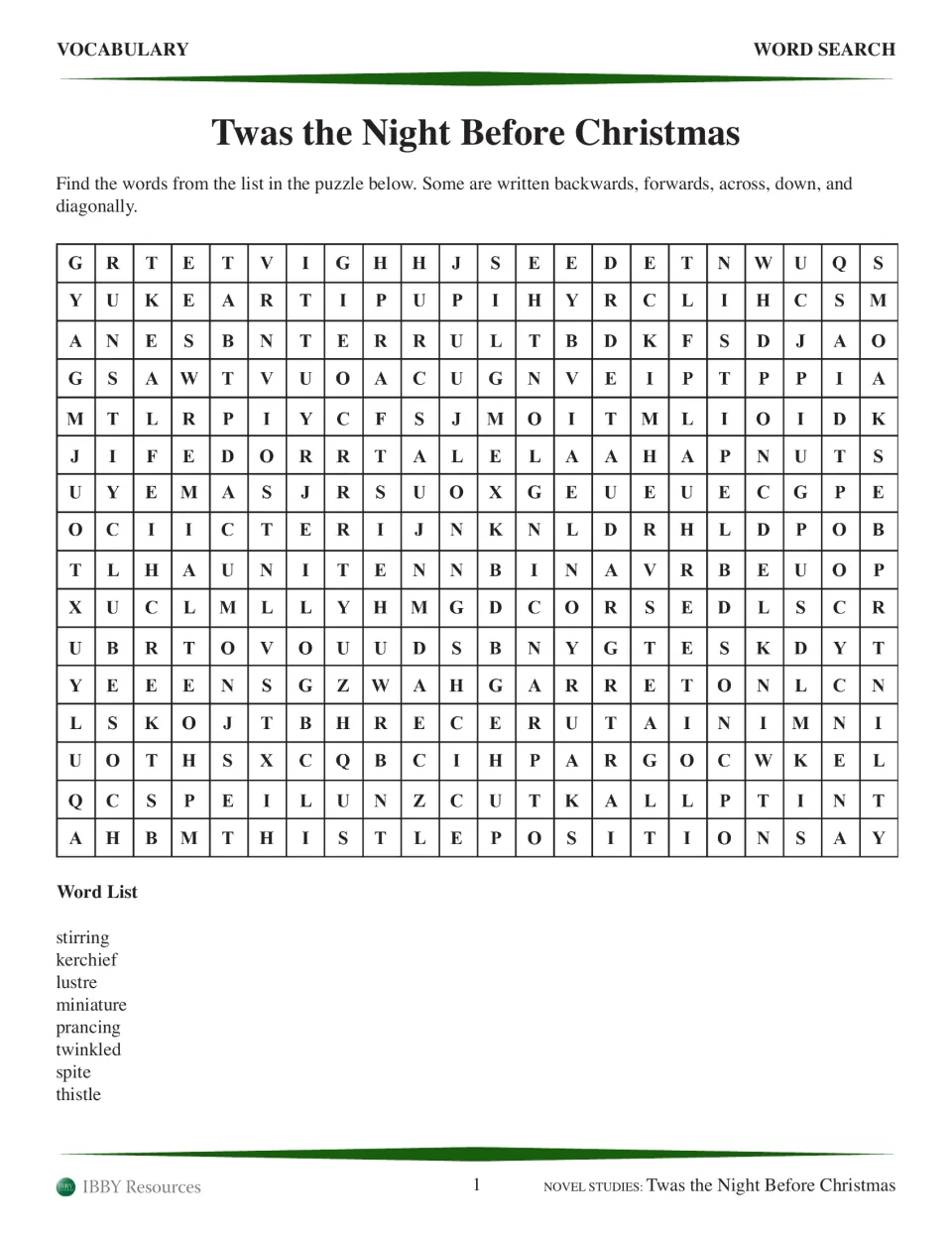 Vocabulary word search for the poem: stirring, kerchief, lustre, miniature, prancing and three more words