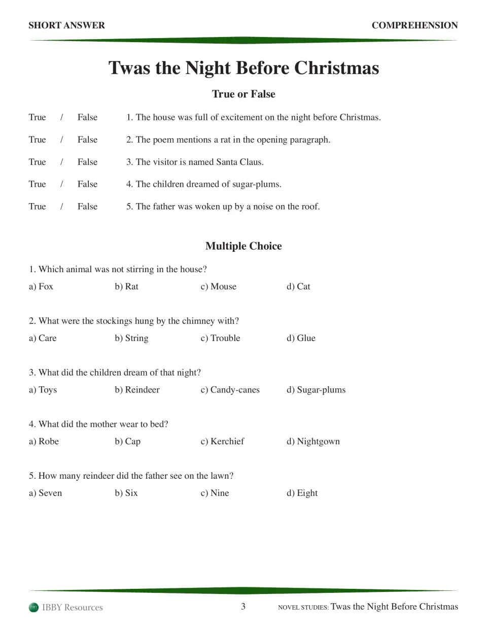 Poem comprehension practice: five true-or-false statements and five multiple-choice questions on story details