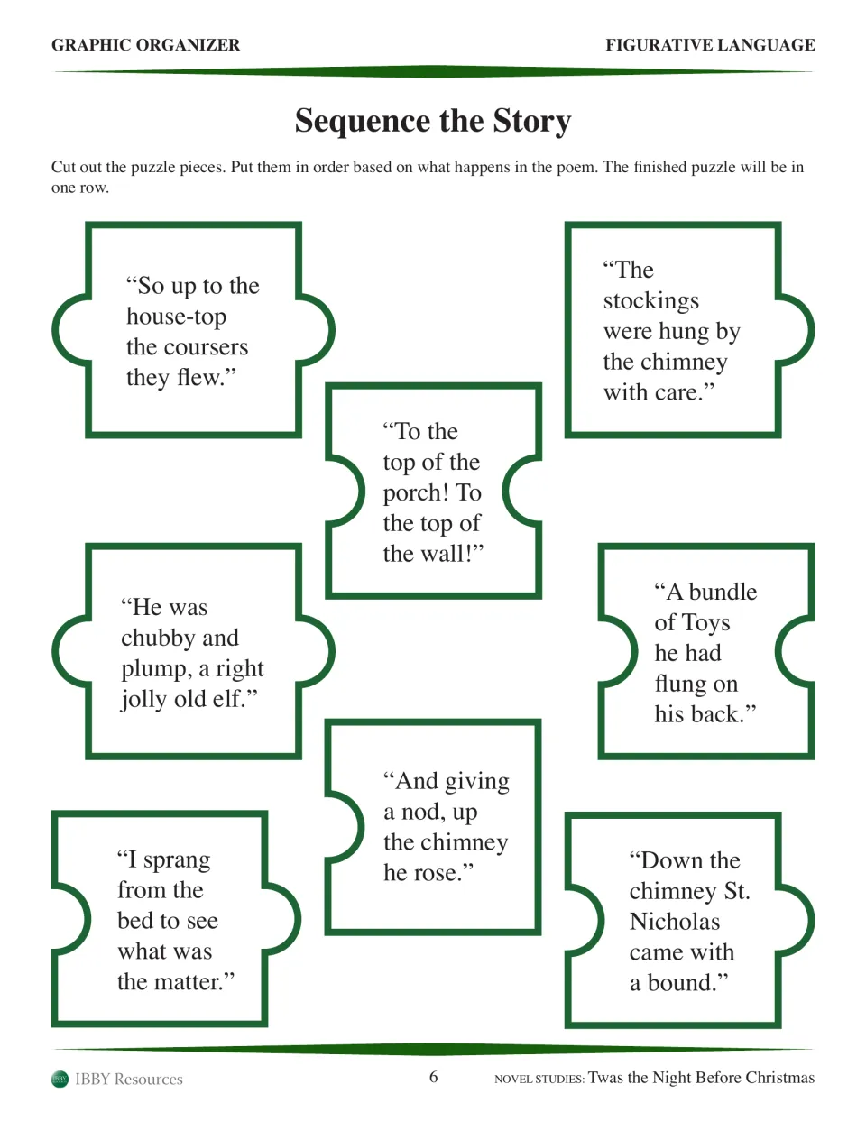 Poem sequencing activity: eight cut-out pieces quote events from hanging stockings to St. Nicholas leaving