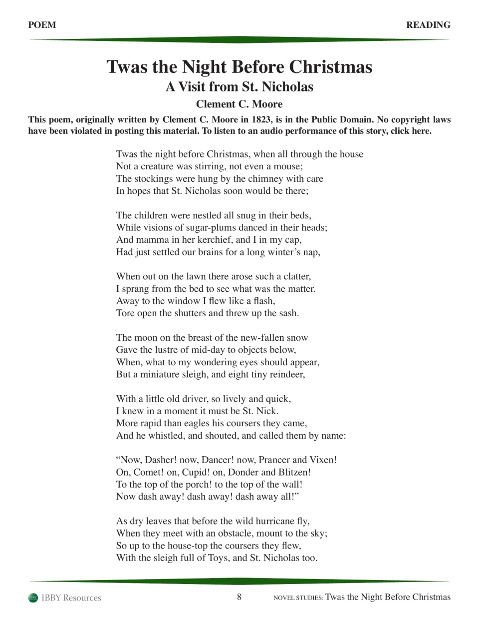 First half of the poem by Clement C. Moore, from the sleeping household to the reindeer flying to the roof