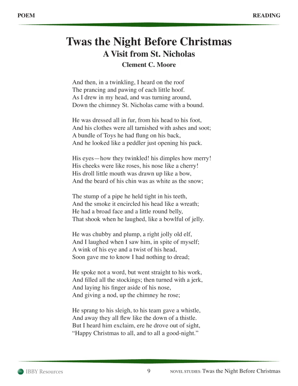 Second half of the poem: St. Nicholas enters the chimney, fills the stockings, and leaves with a farewell