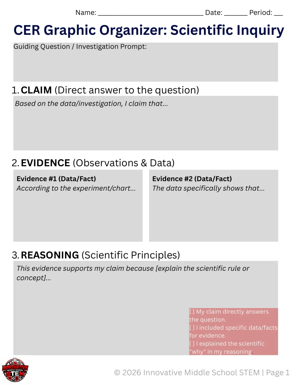 Scaffolded CER organizer: claim, two evidence prompts, reasoning sentence starters, and a student self-check.