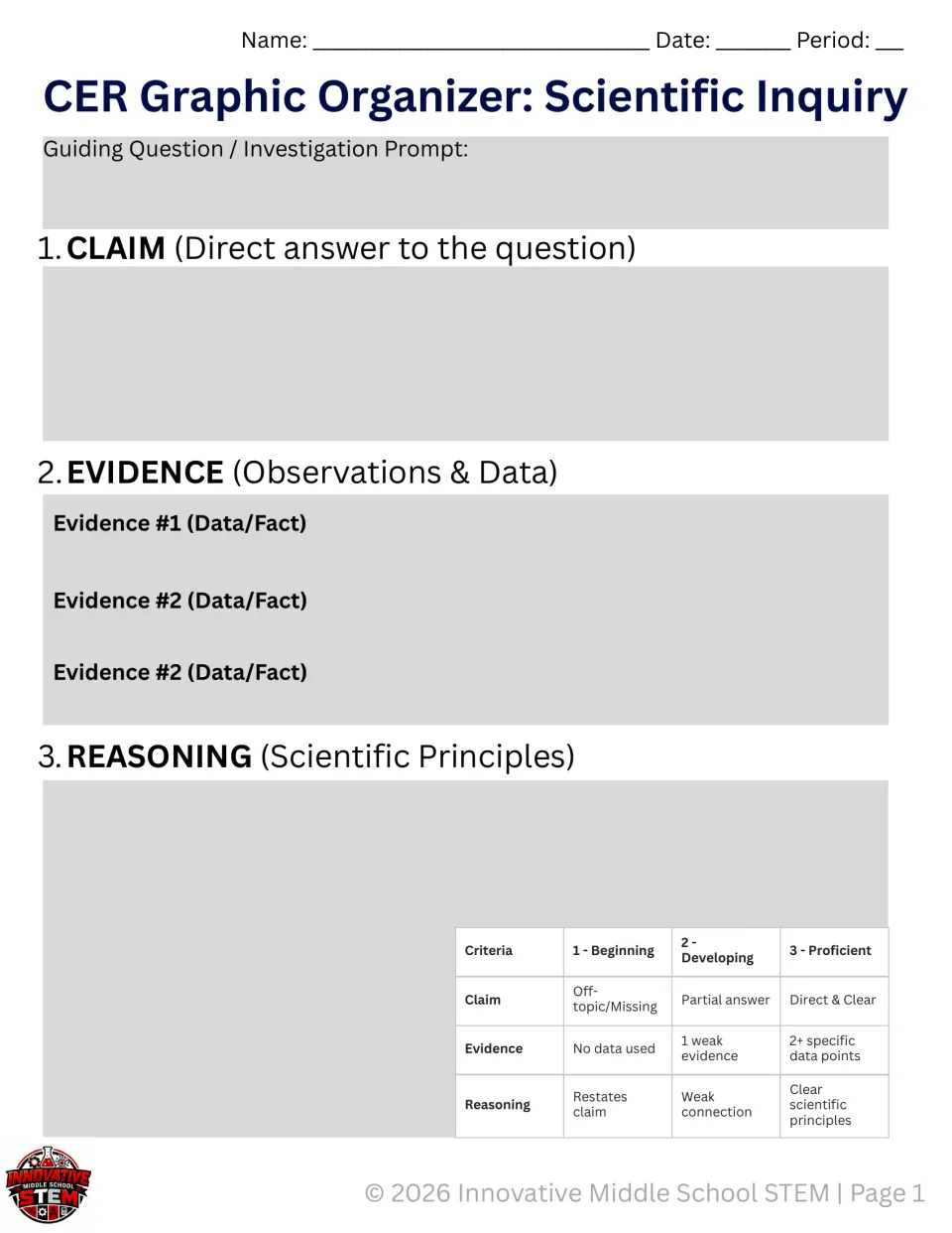 Open-ended CER organizer: claim, three evidence entries, reasoning, and a Beginning-to-Proficient rubric.
