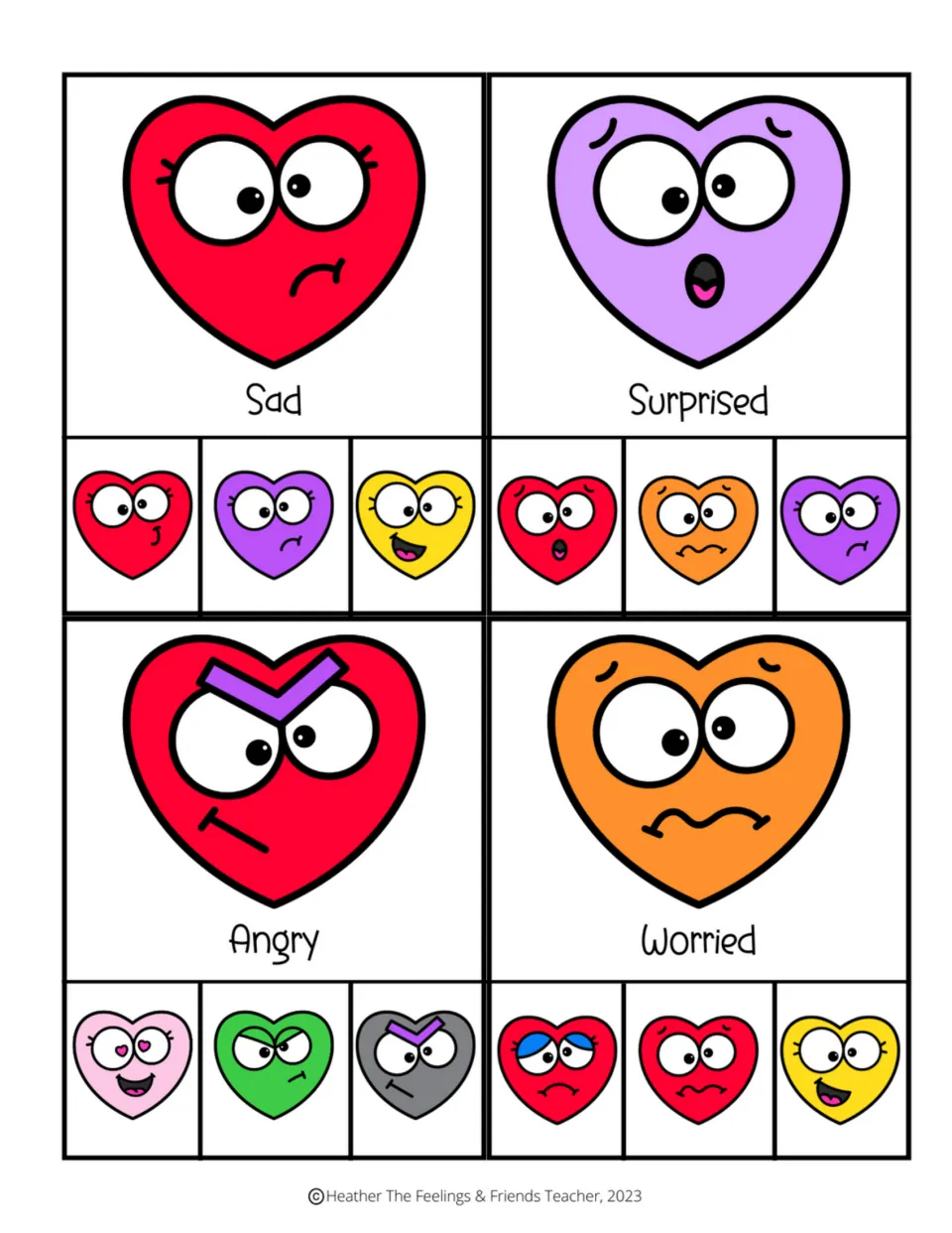 Color picture-matching clip cards for sad, surprised, angry, and worried, each with three emotion choices