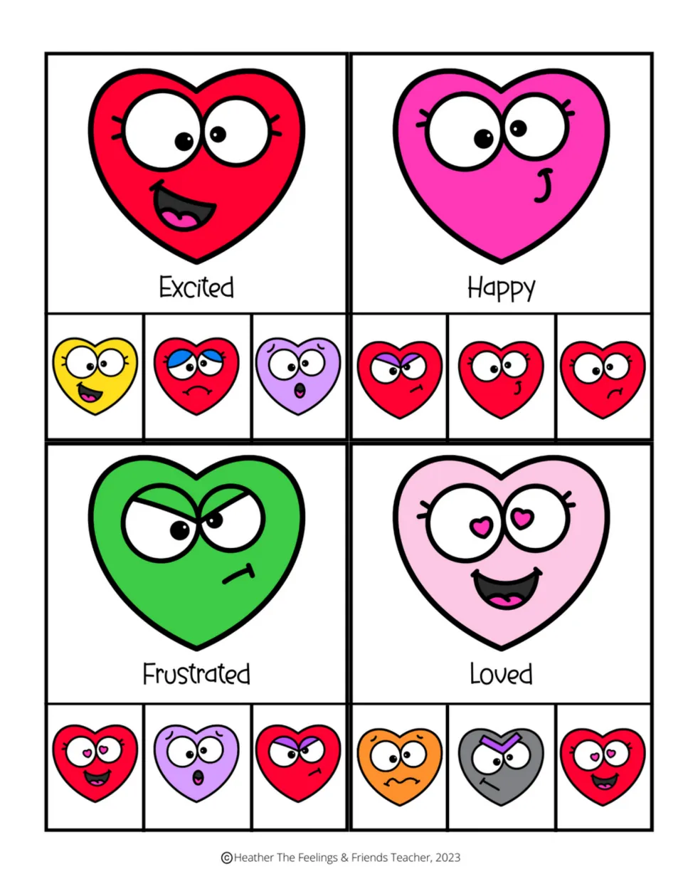 Color picture-matching clip cards for excited, happy, frustrated, and loved, with three emotion choices each