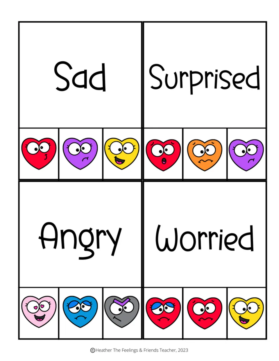 Feeling-word clip cards for sad, surprised, angry, and worried, each with three colored heart-face choices