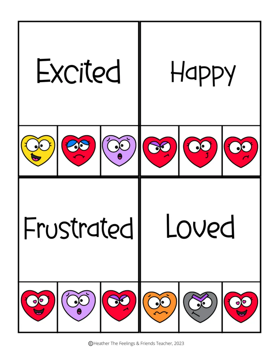 Feeling-word clip cards for excited, happy, frustrated, and loved, with three colored heart-face choices each