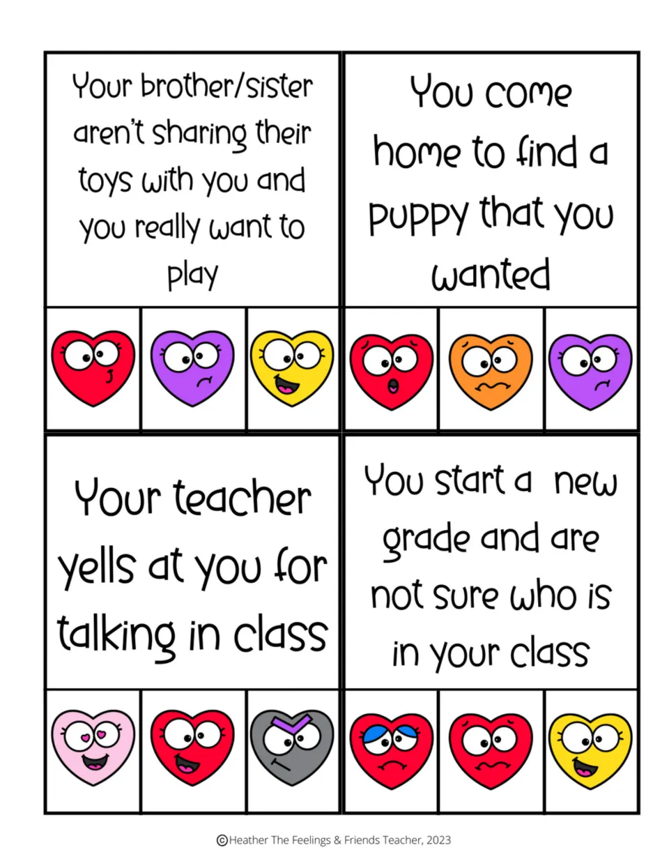 Situation clip cards about unshared toys, a new puppy, a teacher yelling, and a new grade, with emotion choices